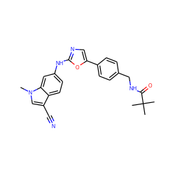 Cn1cc(C#N)c2ccc(Nc3ncc(-c4ccc(CNC(=O)C(C)(C)C)cc4)o3)cc21 ZINC000003595502