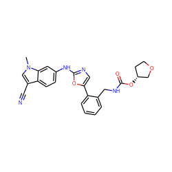 Cn1cc(C#N)c2ccc(Nc3ncc(-c4ccccc4CNC(=O)O[C@@H]4CCOC4)o3)cc21 ZINC000013553716