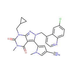 Cn1cc(C#N)cc1-c1c2c(=O)n(C)c(=O)n(CC3CC3)c2nn1Cc1ccnc2ccc(Cl)cc12 ZINC000100456954