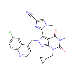 Cn1cc(C#N)nc1-c1c2c(=O)n(C)c(=O)n(CC3CC3)c2nn1Cc1ccnc2ccc(Cl)cc12 ZINC000084740876