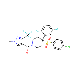 Cn1cc(C(=O)N2CCC(c3cc(F)ccc3F)(S(=O)(=O)c3ccc(Cl)cc3)CC2)c(C(F)(F)F)n1 ZINC000084587363