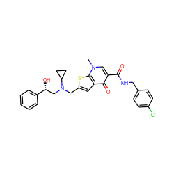 Cn1cc(C(=O)NCc2ccc(Cl)cc2)c(=O)c2cc(CN(C[C@@H](O)c3ccccc3)C3CC3)sc21 ZINC000028901360