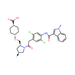 Cn1cc(C(=O)Nc2cc(Cl)c(CC(=O)N3C[C@@H](F)C[C@H]3CO[C@H]3CC[C@H](C(=O)O)CC3)cc2Cl)c2ccccc21 ZINC000253681843