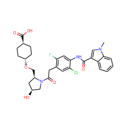 Cn1cc(C(=O)Nc2cc(F)c(CC(=O)N3C[C@@H](O)C[C@H]3CO[C@H]3CC[C@H](C(=O)O)CC3)cc2Cl)c2ccccc21 ZINC000253685495