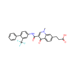 Cn1cc(C(=O)Nc2ccc(-c3ccccc3)c(C(F)(F)F)c2)c(=O)c2ccc(CCC(=O)O)cc21 ZINC000084652756