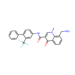 Cn1cc(C(=O)Nc2ccc(-c3ccccc3)c(C(F)(F)F)c2)c(=O)c2cccc(CN)c21 ZINC000084705639