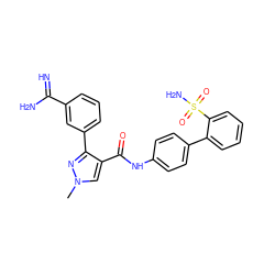 Cn1cc(C(=O)Nc2ccc(-c3ccccc3S(N)(=O)=O)cc2)c(-c2cccc(C(=N)N)c2)n1 ZINC000027710962