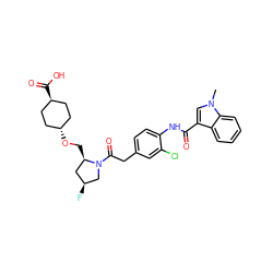 Cn1cc(C(=O)Nc2ccc(CC(=O)N3C[C@@H](F)C[C@H]3CO[C@H]3CC[C@H](C(=O)O)CC3)cc2Cl)c2ccccc21 ZINC000253673542