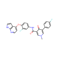 Cn1cc(C(=O)Nc2ccc(Oc3ccnc4[nH]ccc34)c(F)c2)c(=O)c(-c2ccc(F)cc2)c1 ZINC000040848821