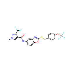 Cn1cc(C(=O)Nc2ccc3oc(SCc4ccc(OC(F)(F)F)cc4)nc3c2)c(C(F)F)n1 ZINC000299865519