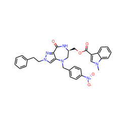 Cn1cc(C(=O)OC[C@H]2CN(Cc3ccc([N+](=O)[O-])cc3)c3cn(CCc4ccccc4)nc3C(=O)N2)c2ccccc21 ZINC000049722657