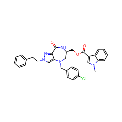 Cn1cc(C(=O)OC[C@H]2CN(Cc3ccc(Cl)cc3)c3cn(CCc4ccccc4)nc3C(=O)N2)c2ccccc21 ZINC000049694630