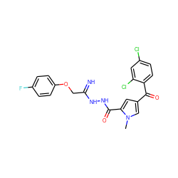 Cn1cc(C(=O)c2ccc(Cl)cc2Cl)cc1C(=O)NNC(=N)COc1ccc(F)cc1 ZINC000001387906