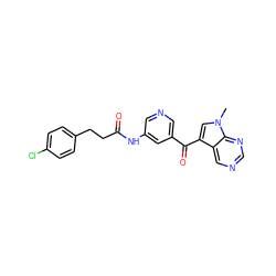 Cn1cc(C(=O)c2cncc(NC(=O)CCc3ccc(Cl)cc3)c2)c2cncnc21 ZINC000169707867