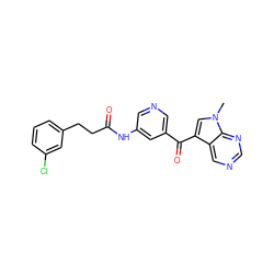 Cn1cc(C(=O)c2cncc(NC(=O)CCc3cccc(Cl)c3)c2)c2cncnc21 ZINC000169707870