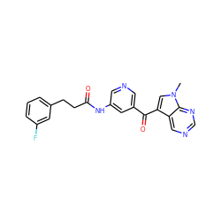 Cn1cc(C(=O)c2cncc(NC(=O)CCc3cccc(F)c3)c2)c2cncnc21 ZINC000169707871