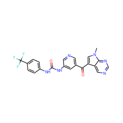 Cn1cc(C(=O)c2cncc(NC(=O)Nc3ccc(C(F)(F)F)cc3)c2)c2cncnc21 ZINC000169707848