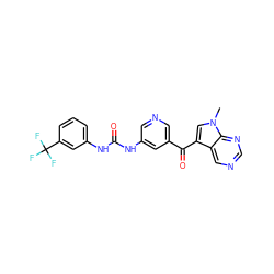 Cn1cc(C(=O)c2cncc(NC(=O)Nc3cccc(C(F)(F)F)c3)c2)c2cncnc21 ZINC000169707849