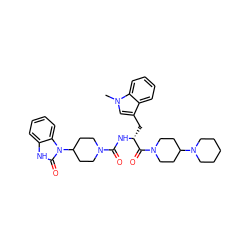 Cn1cc(C[C@@H](NC(=O)N2CCC(n3c(=O)[nH]c4ccccc43)CC2)C(=O)N2CCC(N3CCCCC3)CC2)c2ccccc21 ZINC000084689301