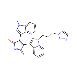 Cn1cc(C2=C(c3cn(CCCn4ccnc4)c4ccccc34)C(=O)NC2=O)c2ncccc21 ZINC000043077198