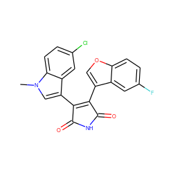 Cn1cc(C2=C(c3coc4ccc(F)cc34)C(=O)NC2=O)c2cc(Cl)ccc21 ZINC000040423749