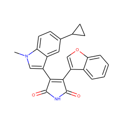 Cn1cc(C2=C(c3coc4ccccc34)C(=O)NC2=O)c2cc(C3CC3)ccc21 ZINC000040423288