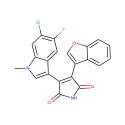 Cn1cc(C2=C(c3coc4ccccc34)C(=O)NC2=O)c2cc(F)c(Cl)cc21 ZINC000045496202