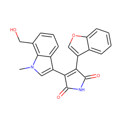 Cn1cc(C2=C(c3coc4ccccc34)C(=O)NC2=O)c2cccc(CO)c21 ZINC000040423311