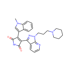 Cn1cc(C2=C(c3nn(CCCN4CCCCC4)c4ncccc34)C(=O)NC2=O)c2ccccc21 ZINC000043014722