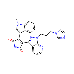 Cn1cc(C2=C(c3nn(CCCn4ccnc4)c4ncccc34)C(=O)NC2=O)c2ccccc21 ZINC000043017677