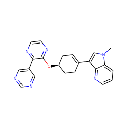 Cn1cc(C2=CC[C@H](Oc3nccnc3-c3cncnc3)CC2)c2ncccc21 ZINC000299834758