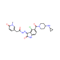 Cn1cc(CC(=O)N/N=C2\C(=O)Nc3ccc(C(=O)N4CCC(NC5CC5)CC4)c(Cl)c32)ccc1=O ZINC000072180853