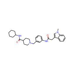 Cn1cc(CC(=O)Nc2cccc(CN3CCC(C(=O)NC4CCCCC4)CC3)c2)c2ccccc21 ZINC001772646691