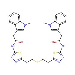 Cn1cc(CC(=O)Nc2nnc(CCSCCc3nnc(NC(=O)Cc4cn(C)c5ccccc45)s3)s2)c2ccccc21 ZINC000169697986