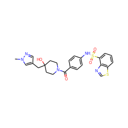 Cn1cc(CC2(O)CCN(C(=O)c3ccc(NS(=O)(=O)c4cccc5scnc45)cc3)CC2)cn1 ZINC000217753616