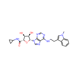 Cn1cc(CCNc2ncnc3c2ncn3[C@@H]2O[C@H](C(=O)NC3CC3)[C@@H](O)[C@H]2O)c2ccccc21 ZINC000012405767