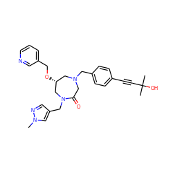 Cn1cc(CN2C[C@H](OCc3cccnc3)CN(Cc3ccc(C#CC(C)(C)O)cc3)CC2=O)cn1 ZINC000014746740