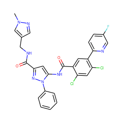 Cn1cc(CNC(=O)c2cc(NC(=O)c3cc(-c4ccc(F)cn4)c(Cl)cc3Cl)n(-c3ccccc3)n2)cn1 ZINC001772598186