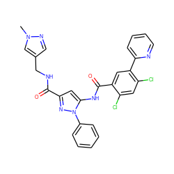 Cn1cc(CNC(=O)c2cc(NC(=O)c3cc(-c4ccccn4)c(Cl)cc3Cl)n(-c3ccccc3)n2)cn1 ZINC001772614954