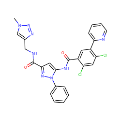 Cn1cc(CNC(=O)c2cc(NC(=O)c3cc(-c4ccccn4)c(Cl)cc3Cl)n(-c3ccccc3)n2)nn1 ZINC001772635372