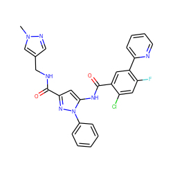 Cn1cc(CNC(=O)c2cc(NC(=O)c3cc(-c4ccccn4)c(F)cc3Cl)n(-c3ccccc3)n2)cn1 ZINC001772636582