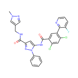 Cn1cc(CNC(=O)c2cc(NC(=O)c3cc(-c4ncccc4F)c(Cl)cc3Cl)n(-c3ccccc3)n2)cn1 ZINC001772653024