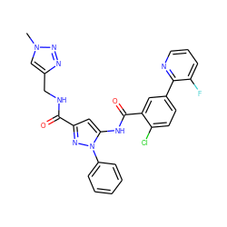 Cn1cc(CNC(=O)c2cc(NC(=O)c3cc(-c4ncccc4F)ccc3Cl)n(-c3ccccc3)n2)nn1 ZINC001772609866