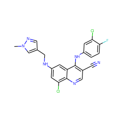 Cn1cc(CNc2cc(Cl)c3ncc(C#N)c(Nc4ccc(F)c(Cl)c4)c3c2)cn1 ZINC000014977392