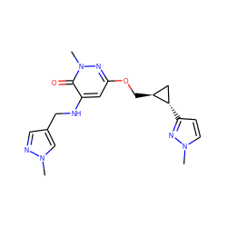 Cn1cc(CNc2cc(OC[C@H]3C[C@@H]3c3ccn(C)n3)nn(C)c2=O)cn1 ZINC000217659866