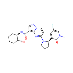 Cn1cc(F)cc([C@H]2CCCN2c2ccn3ncc(C(=O)N[C@@H]4CCCC[C@H]4O)c3n2)c1=O ZINC000169704296