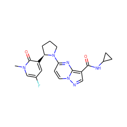 Cn1cc(F)cc([C@H]2CCCN2c2ccn3ncc(C(=O)NC4CC4)c3n2)c1=O ZINC000169704290