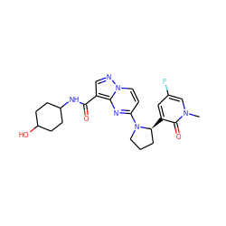 Cn1cc(F)cc([C@H]2CCCN2c2ccn3ncc(C(=O)NC4CCC(O)CC4)c3n2)c1=O ZINC000165760043