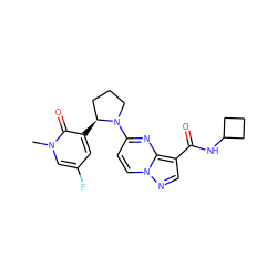 Cn1cc(F)cc([C@H]2CCCN2c2ccn3ncc(C(=O)NC4CCC4)c3n2)c1=O ZINC000169704292