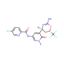 Cn1cc(NC(=O)c2ccc(Cl)cn2)cc([C@]2(C)C[C@@H](C(F)(F)F)OC(N)=N2)c1=O ZINC000218670784